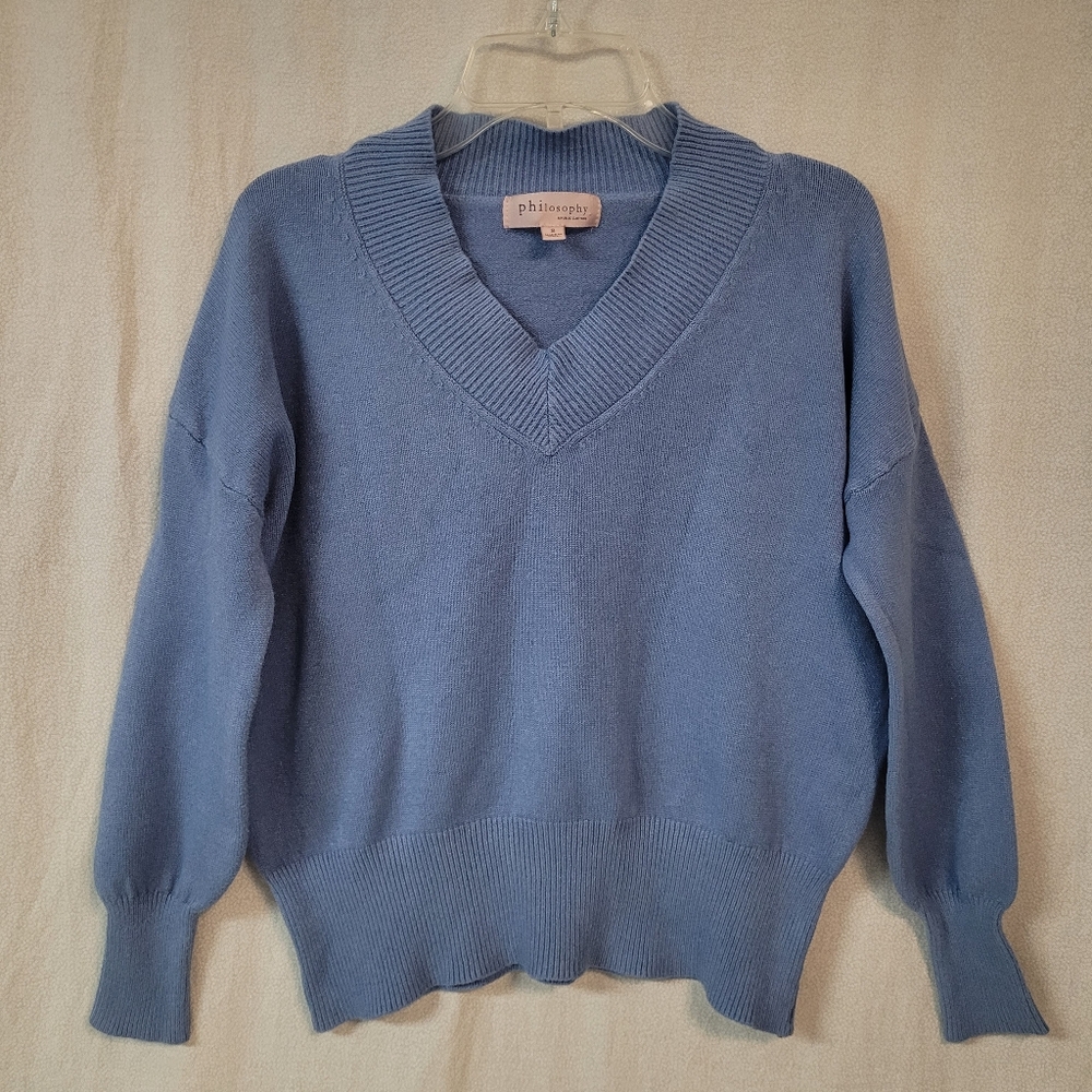 Philosophy Sweater Blue Size SM, V-neck Thick rib Neckline Cuffs Hem Cottagecore